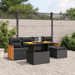 Salon de jardin 6 pcs avec coussins noir résine tressée 