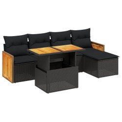 Salon de jardin 6 pcs avec coussins noir résine tressée 