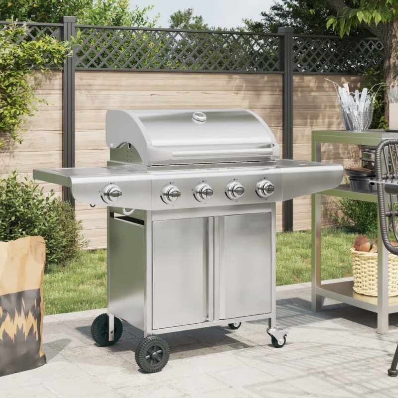 Barbecue à gaz avec 5 brûleurs argenté acier inoxydable 