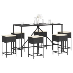 Ensemble de bar de jardin 7 pcs avec coussins noir poly rotin 