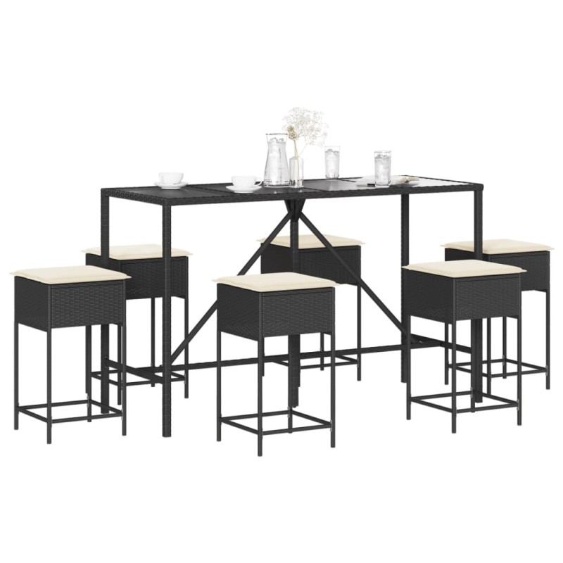 Ensemble de bar de jardin 7 pcs avec coussins noir poly rotin 