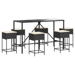 Ensemble de bar de jardin 7 pcs avec coussins noir poly rotin 