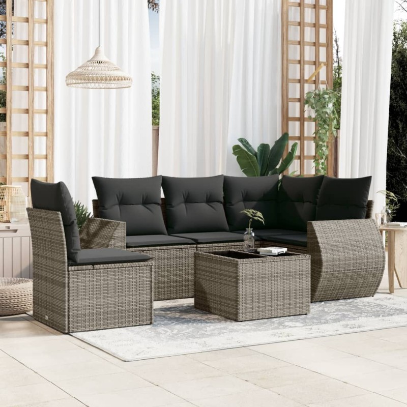 Salon de jardin 6 pcs avec coussins gris résine tressée 