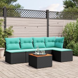 Salon de jardin 6 pcs avec coussins noir résine tressée 
