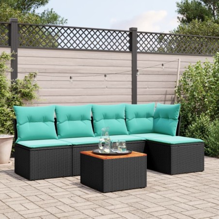 Salon de jardin 6 pcs avec coussins noir résine tressée 