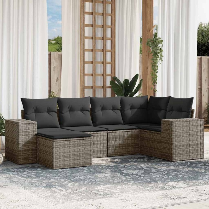 Salon de jardin 6 pcs avec coussins gris résine tressée 
