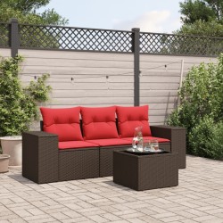Salon de jardin 4 pcs avec coussins marron résine tressée 