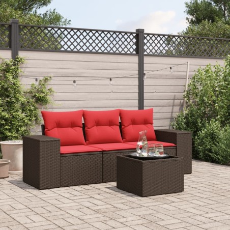 Salon de jardin 4 pcs avec coussins marron résine tressée 