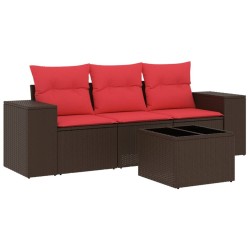 Salon de jardin 4 pcs avec coussins marron résine tressée 