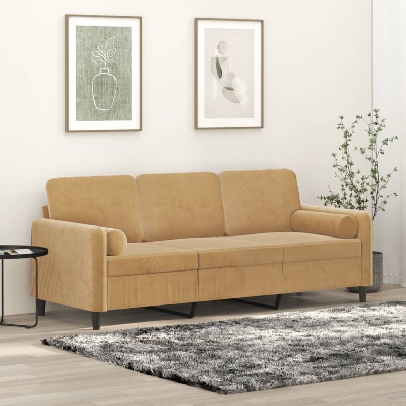 Canapé 3 places avec oreillers décoratifs marron 180 cm velours 