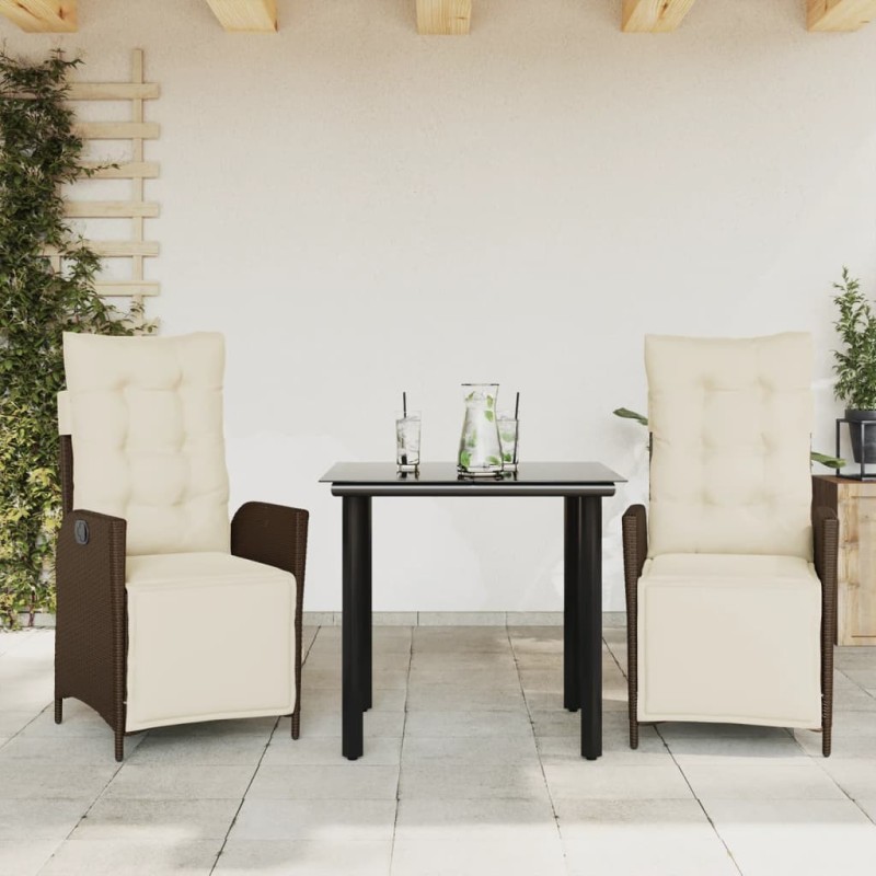 Ensemble à manger de jardin 3 pcs et coussins marron poly rotin 