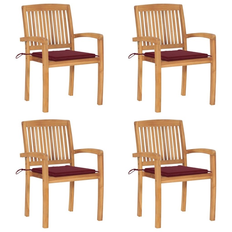 Chaises de jardin empilables avec coussins lot de 4 Teck solide 