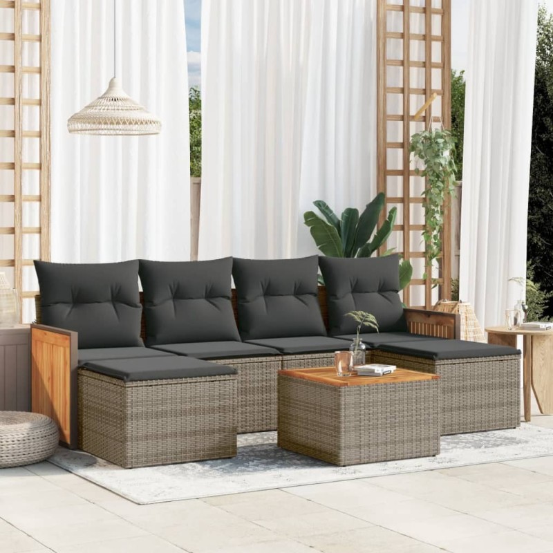 Salon de jardin avec coussins 7 pcs gris résine tressée 