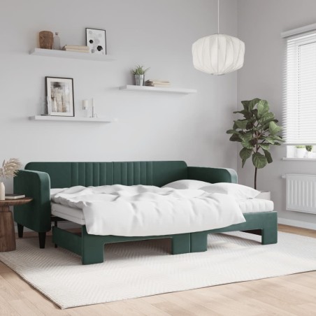 Lit de jour avec gigogne et matelas vert foncé 80x200cm velours 