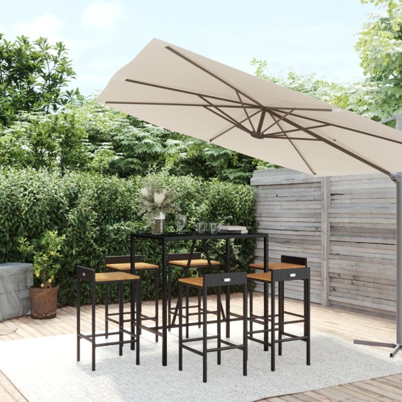 Ensemble de bar jardin 7 pcs noir poly rotin/bois massif acacia 