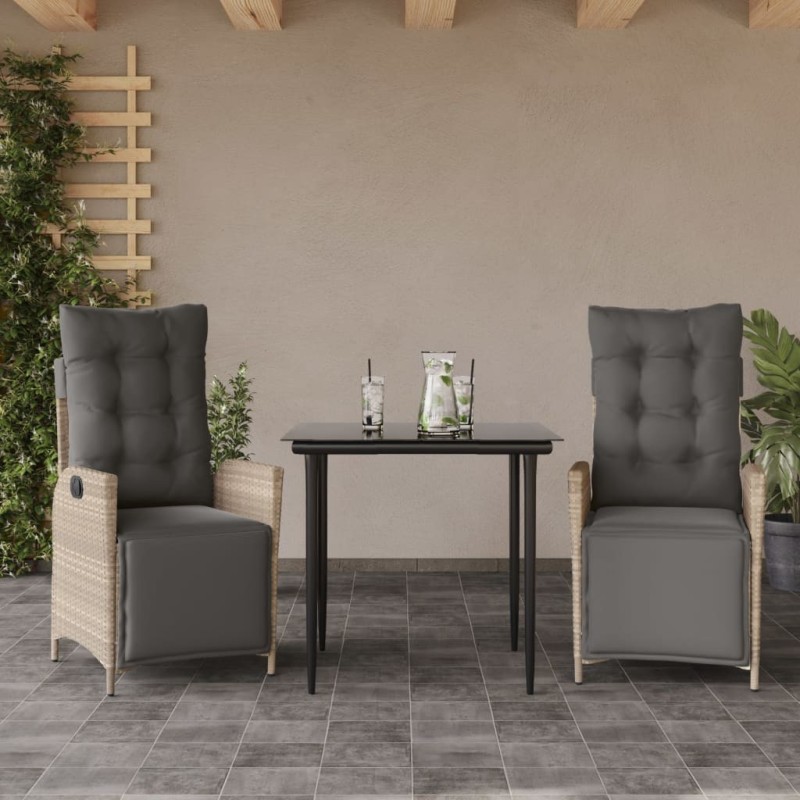 Ensemble à manger de jardin 3pcs coussins gris clair poly rotin 