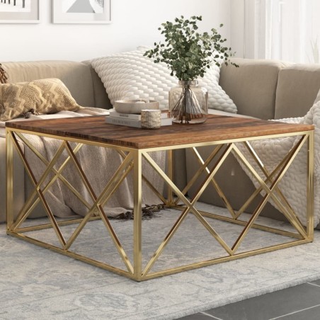 Table basse doré acier inoxydable et bois de mélèze massif 