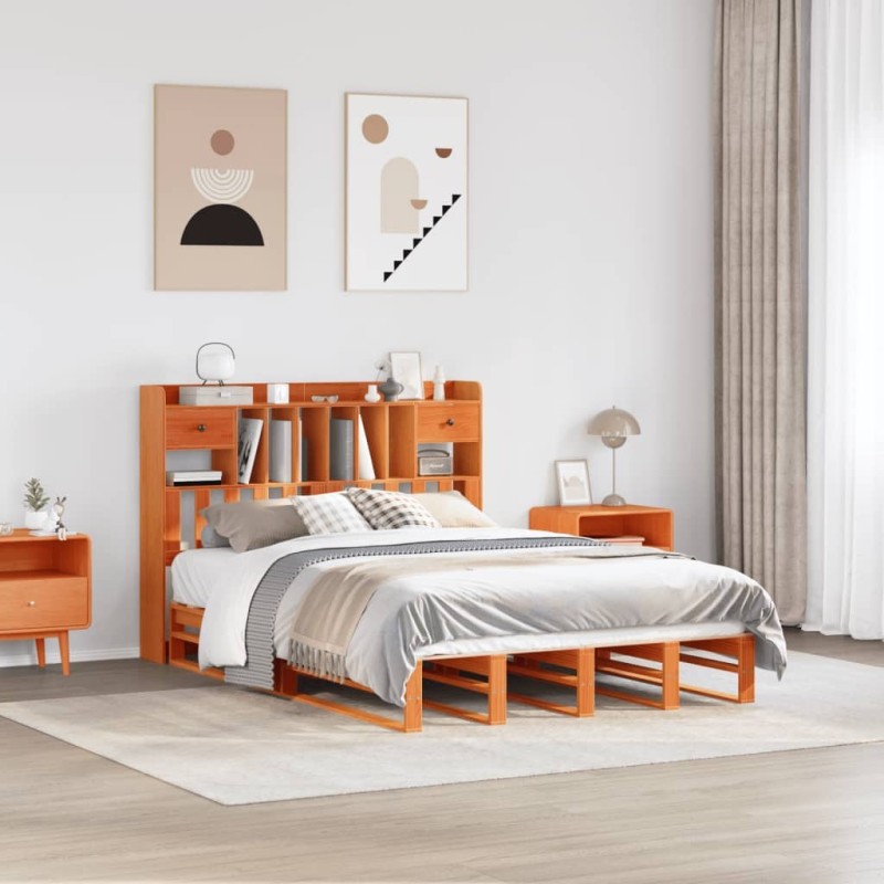 Lit bibliothèque sans matelas cire marron 150x200 cm pin massif 