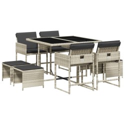 Ensemble à manger de jardin et coussins 9 pcs gris clair rotin 