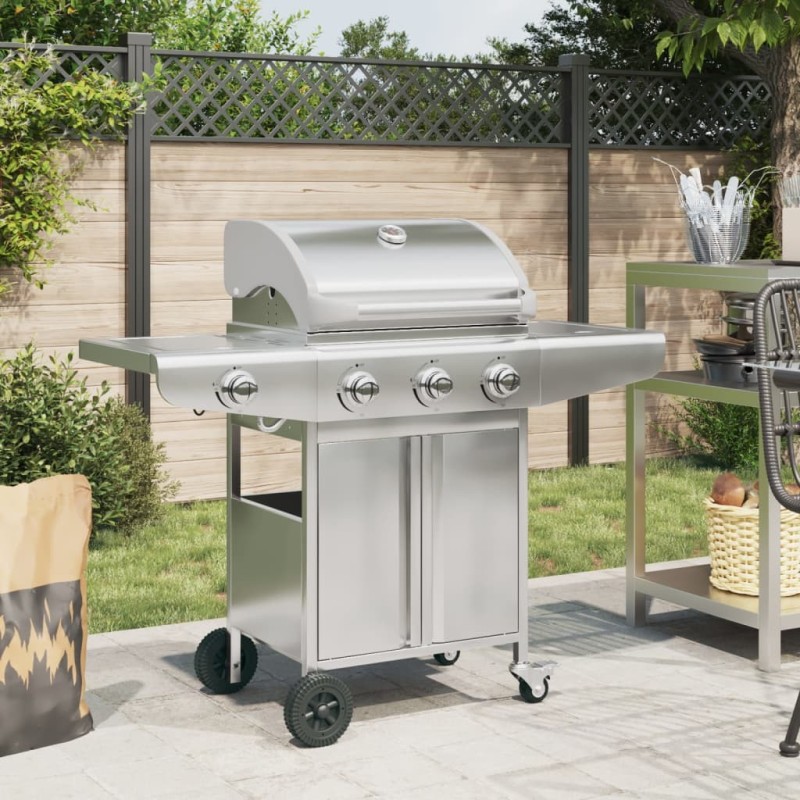 Barbecue gril à gaz avec 4 brûleurs argenté acier inoxydable 