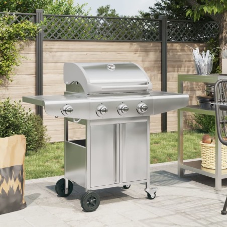 Barbecue gril à gaz avec 4 brûleurs argenté acier inoxydable 