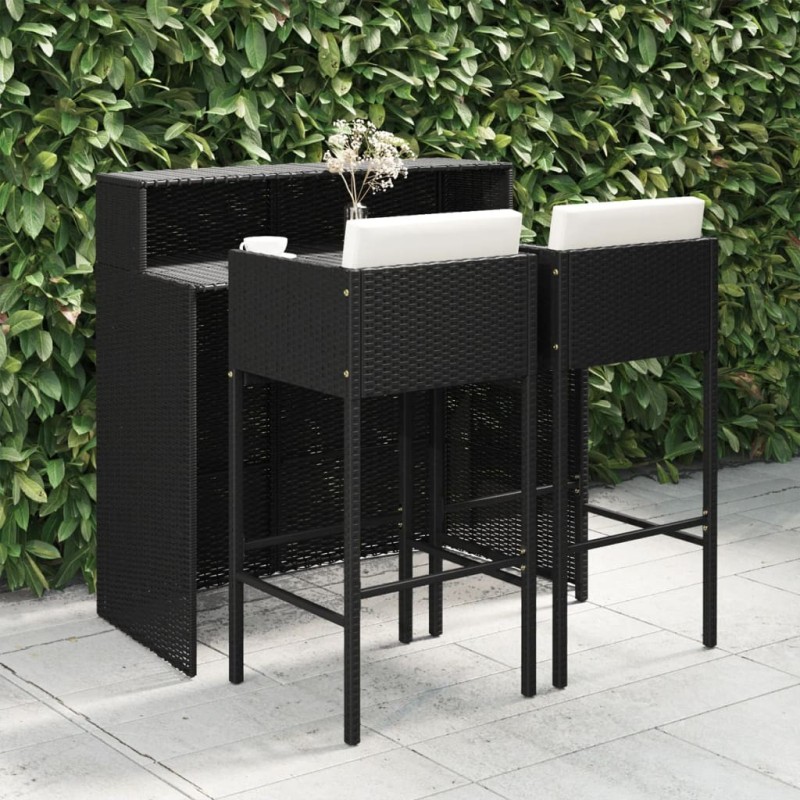 Ensemble de bar de jardin 3 pcs et coussins Résine tressée Noir 