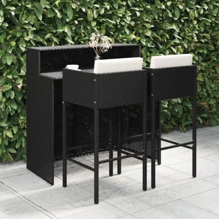 Ensemble de bar de jardin 3 pcs et coussins Résine tressée Noir 