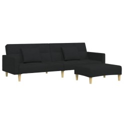 Canapé-lit à 2 places avec repose-pied noir tissu 