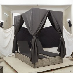 Transat double avec toit et rideaux en poly-rattan gris clair 