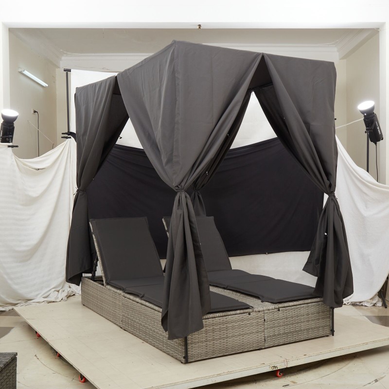 Transat double avec toit et rideaux en poly-rattan gris clair 