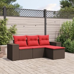 Salon de jardin 4 pcs avec coussins marron résine tressée 