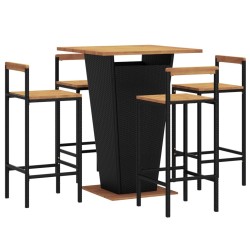 Ensemble de bar jardin 5 pcs noir poly rotin/bois massif acacia 