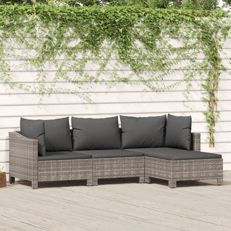 Salon de jardin 4 pcs avec coussins Gris Résine tressée 