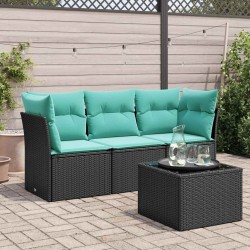 Salon de jardin 4 pcs avec coussins noir résine tressée 