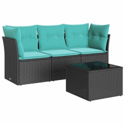 Salon de jardin 4 pcs avec coussins noir résine tressée 