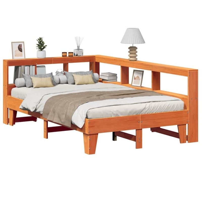 Lit bibliothèque sans matelas cire marron 140x190 cm pin massif 