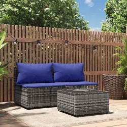 Salon de jardin 3 pcs avec coussins Gris Résine tressée 