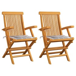 Chaises de jardin lot de 2 avec coussins à carreaux gris Teck 