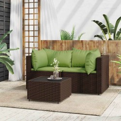 Salon de jardin 3 pcs avec coussins marron résine tressée 
