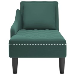 Fauteuil long et coussin et accoudoir droit vert foncé velours 