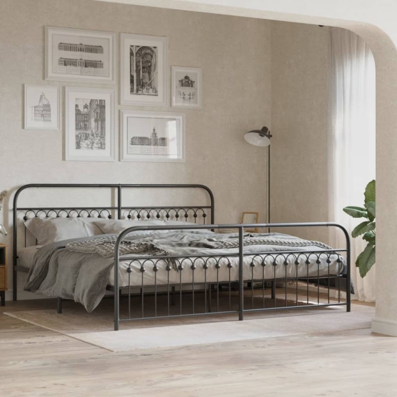 Cadre de lit métal sans matelas avec pied de lit noir 193x203cm 