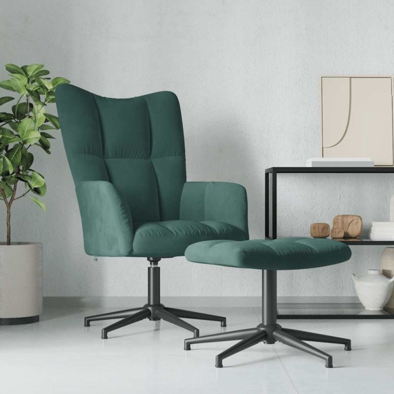 Chaise de relaxation avec tabouret Vert foncé Velours 