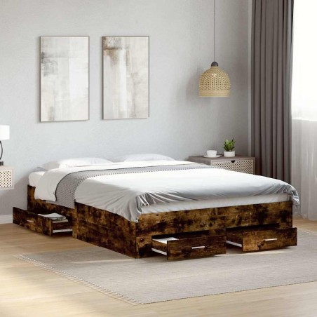 Cadre de lit avec tiroirs sans matelas chêne fumé 135x190 cm 