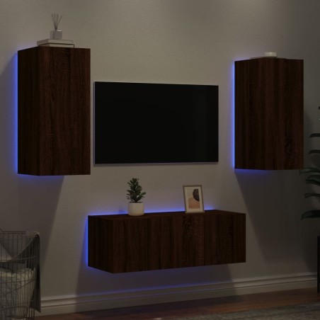 Unités murales TV avec LED 4 pcs chêne marron bois d'ingénierie 