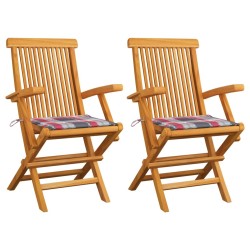 Chaises de jardin lot de 2 avec coussins à carreaux rouge Teck 