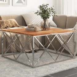 Table basse argenté acier inoxydable et bois massif d'acacia 