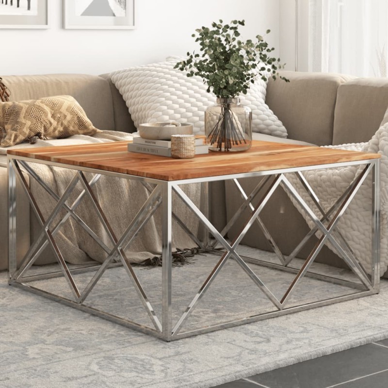 Table basse argenté acier inoxydable et bois massif d'acacia Table basse argenté acier inoxydable et bois massif d'acacia