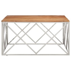 Table basse argenté acier inoxydable et bois massif d'acacia 