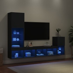 Unités murales TV avec LED 4 pcs noir bois d'ingénierie 