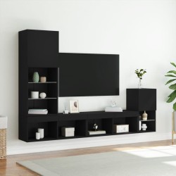 Unités murales TV avec LED 4 pcs noir bois d'ingénierie 